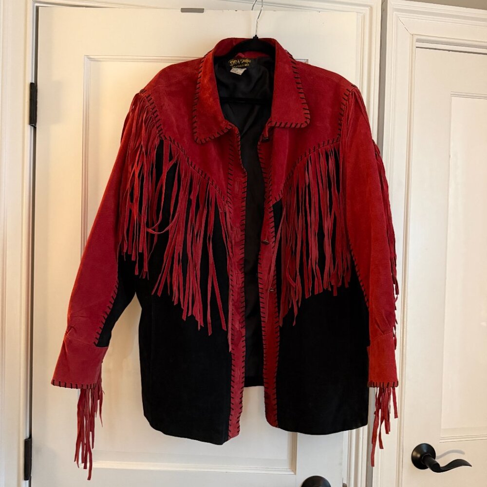 Vintage Bob Mackie Wearable Art Leather Fringe Western Jacket Red & Black